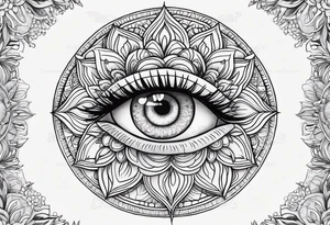 Mandala design with realistic woman’s eye in the center tattoo idea