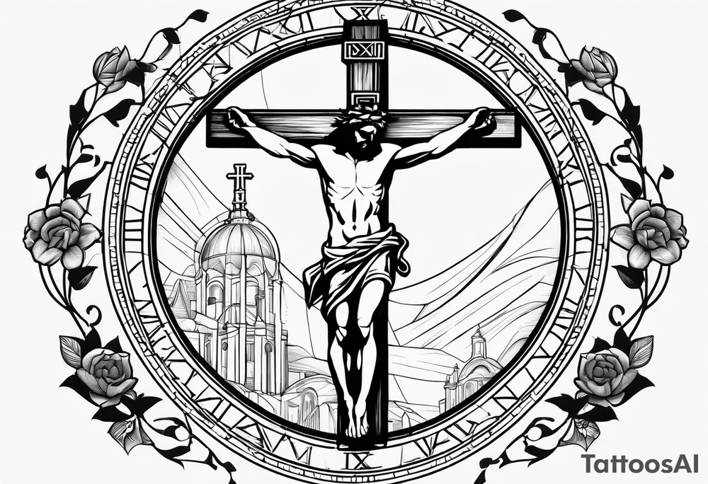 Circle made with Roman numerals, with a crucified man inside the circle tattoo idea Circle made with Roman numerals, with a crucified man inside the circle tattoo idea