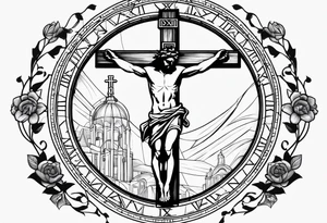 Circle made with Roman numerals, with a crucified man inside the circle tattoo idea