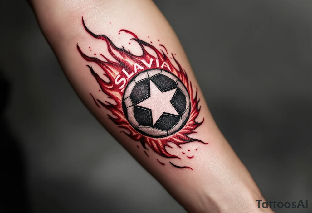 A flaming red soccer ball with a white star in the center and “Slavia” written along the arc. tattoo idea