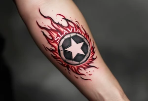 A flaming red soccer ball with a white star in the center and “Slavia” written along the arc. tattoo idea