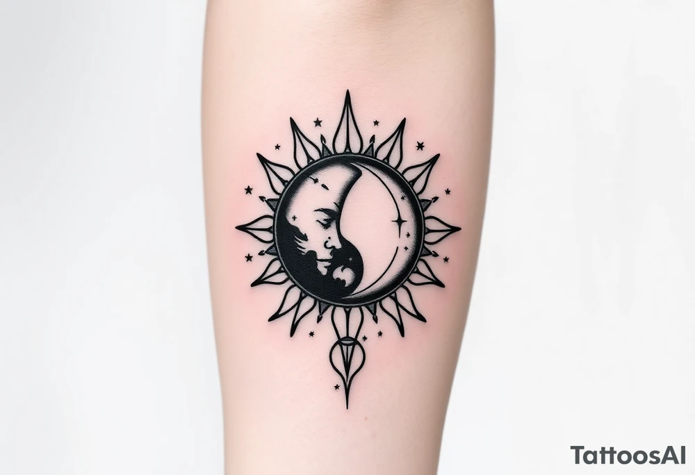 celestial sun and moon embrace with constellation patterns tattoo idea