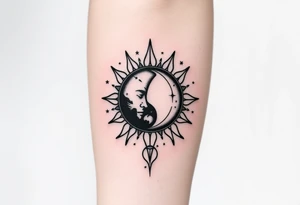 celestial sun and moon embrace with constellation patterns tattoo idea