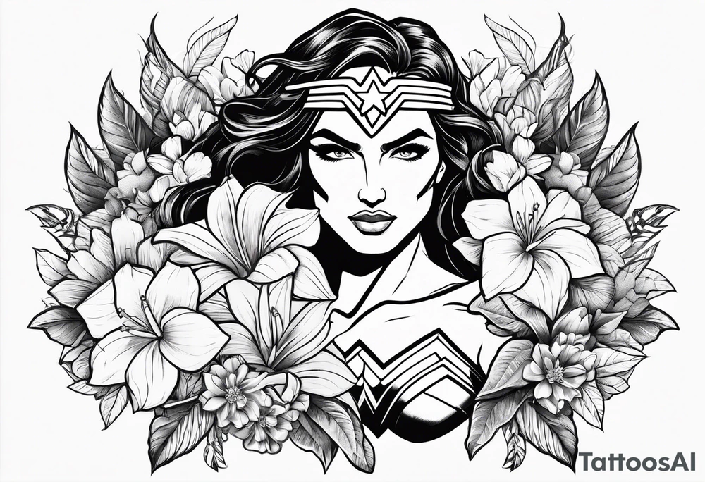 Wonder Woman symbol design with flowers tattoo idea