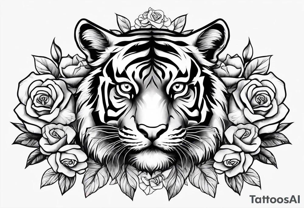 A tiger with roses around it tattoo idea