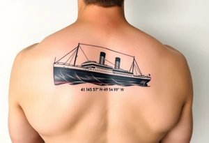 Ship image of Titanic with coordinates 41 43' 57" N 49 56' 49" W for forearm tattoo idea