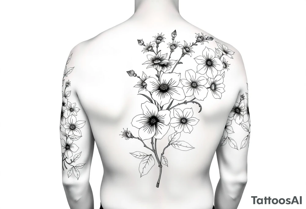 Full sleeve tattoo design of larkspur and hawthorn flowers, highly detailed line art, black ink, elegant botanical style, intertwined composition, no shading, no human mock-up, clean stencil style suitable for tattooing, fit fully within boundaries. LINE ART ONLY, REMOVE HUMAN, NO SKIN tattoo idea