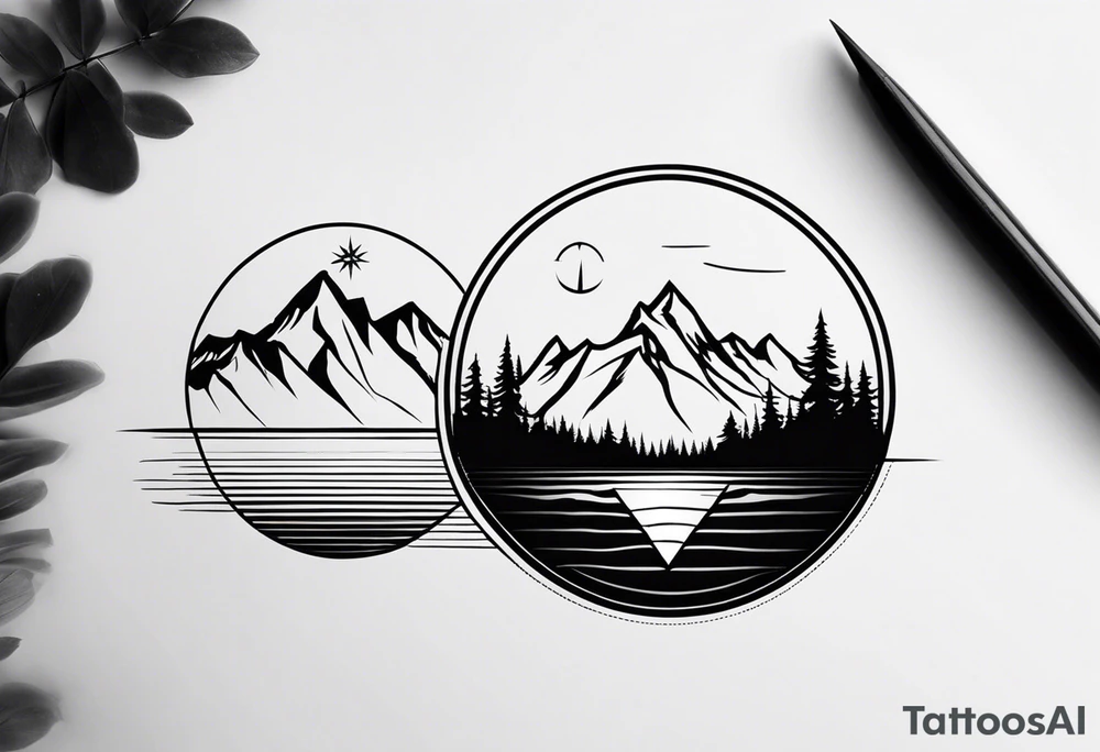 rocky mountains, compass, lake, reflection, forearm tattoo idea