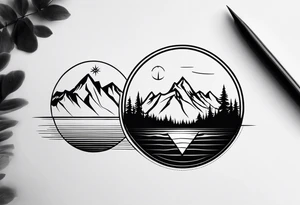 rocky mountains, compass, lake, reflection, forearm tattoo idea