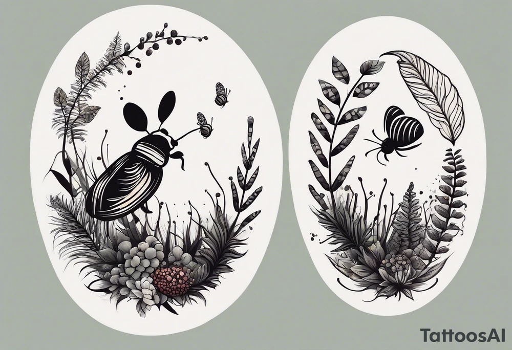 forest floor inspired minimalist tattoo, which includes grass, curly ferns, moss and dead leaves as the bulk of the tattoo. details to include: forest berries, a tiny bumblebee flying nearby, three small brown mushrooms
Generate a vertically long one tattoo idea