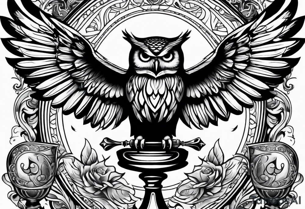 Create a flying owl holding an old wine goblet and an hourglass tattoo idea