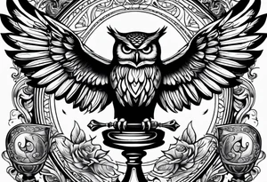 Create a flying owl holding an old wine goblet and an hourglass tattoo idea