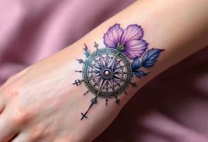 A single Violet with detailed compass at its center representing feminine power including an ankh and Celtic knot tattoo idea