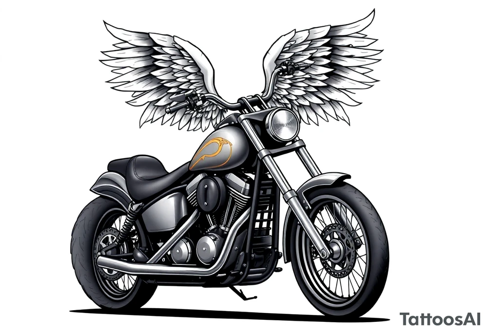 Low rider grey motorcycle, flames, angel wings tattoo idea