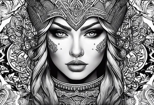 Viking, feminine warrior, mandala, bedroom eyes, headshot, closeup tattoo idea