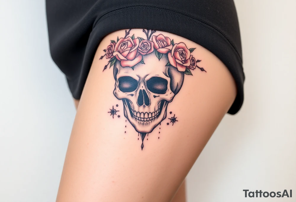 ornate skull adorned with crown of wild roses and thorns tattoo idea