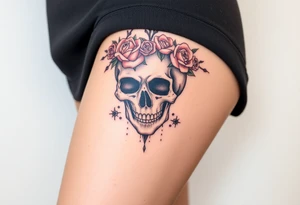 ornate skull adorned with crown of wild roses and thorns tattoo idea