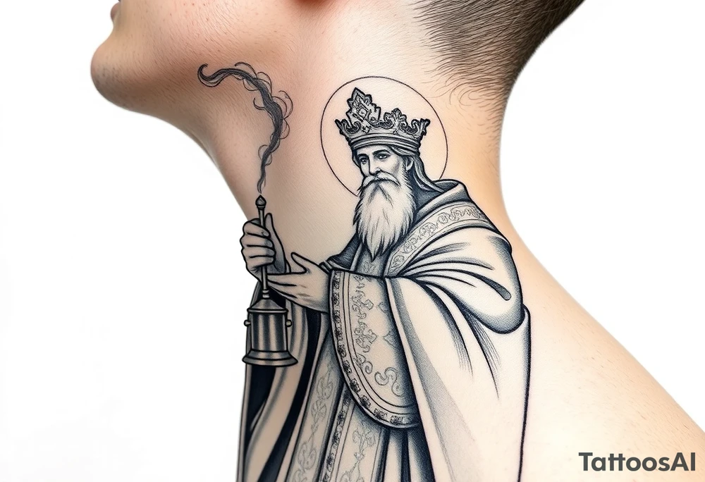A Russian Orthodox Priest in full gold vestments swinging a censer with smoke curling upward 

The ornate robes give incredible fine line detail
The incense smoke could flow and connect to other elements
It ties directly into the church and Virgin Mary you already have
Very culturally authentic to the overall theme tattoo idea