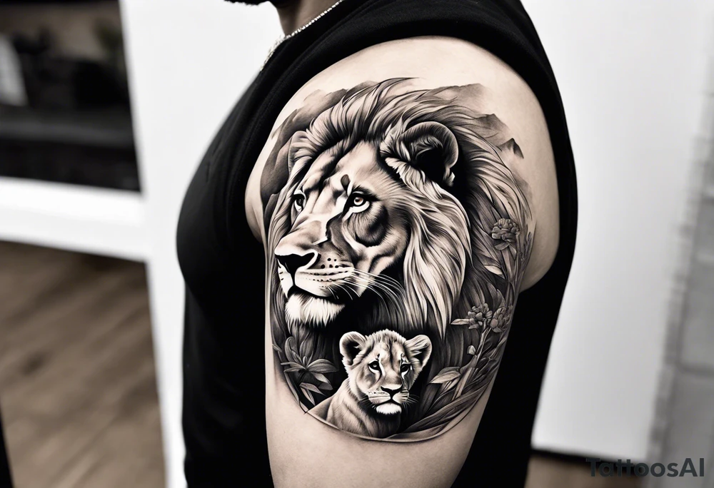 shoulder sleeve with lion and cub, landscape background tattoo idea