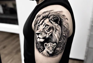 shoulder sleeve with lion and cub, landscape background tattoo idea