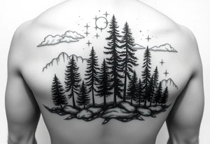 ocean and forrest with  trees an rainy clouds with lighting sleeve for arm and stars and clouds tattoo idea