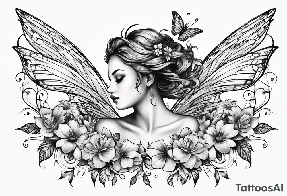 Flying Fairy with flowers, including arms and legs tattoo idea