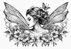 Flying Fairy with flowers, including arms and legs tattoo idea