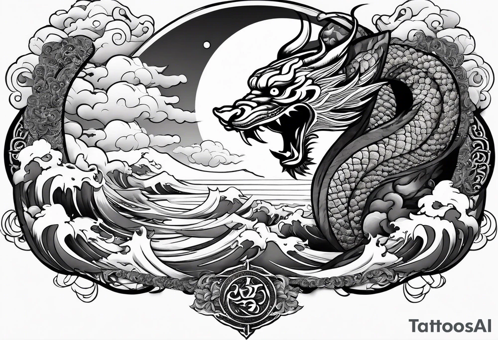 A strip with a japonese dragon, a samurai, an oni and a tiger with waves bellow and clouds above with the sun and the moon tattoo idea