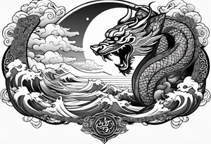 A strip with a japonese dragon, a samurai, an oni and a tiger with waves bellow and clouds above with the sun and the moon tattoo idea
