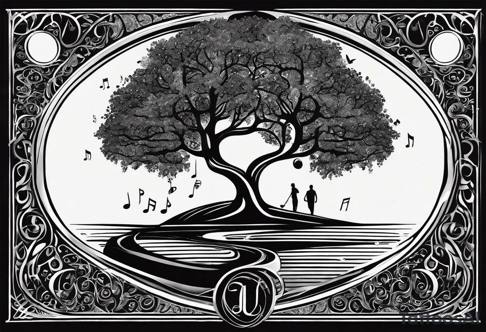 A tattoo design that incorporates the following elements: an abstract tree of life that has roots emerging  from the ground. Waves of water wrap around the tree in a non symmetrical design.  Incorporate musical notes into the tree. the letters U and A are overlapping and engraved into the tree. A golf flag incorporated but not prominent tattoo idea
