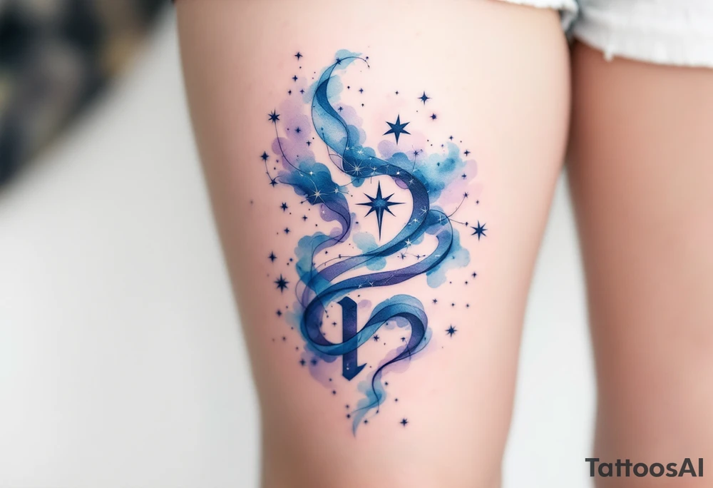 A watercolor Capricorn star constellation flows in soft blues and purples, wrapping around a minimal Capricorn glyph. tattoo idea