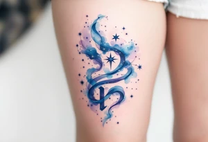 A watercolor Capricorn star constellation flows in soft blues and purples, wrapping around a minimal Capricorn glyph. tattoo idea