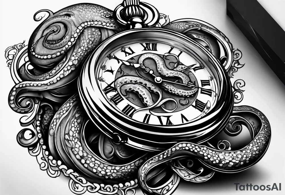 pocket watch wrapped under an aggressive octopus tattoo idea