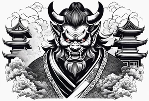 oni japanese devil with smoke around and japanese houses tattoo idea