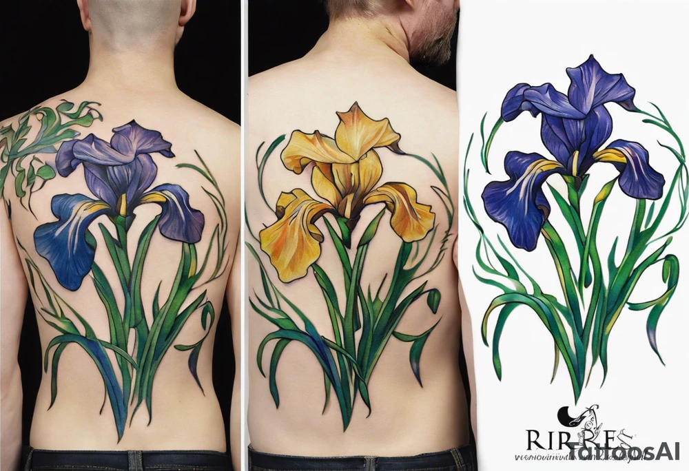 Create a condensed, thick, colorful Vincent van Gogh's Irises tattoo, with vines in Celtic knots gracefully holding mountains. The intended placement is on the upper chest. The overall design should be small in size while maintaining a delicate and artistic aesthetic. Pay attention to the graceful flow of the vines and the placement of the irises to achieve a refined and elegant look. tattoo idea