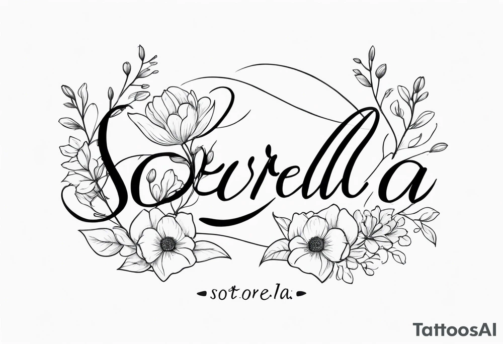 sister tattoo with october and september birth flowers with the word sorella a straight line cursive font connecting the word to the stems of the flowers tattoo idea