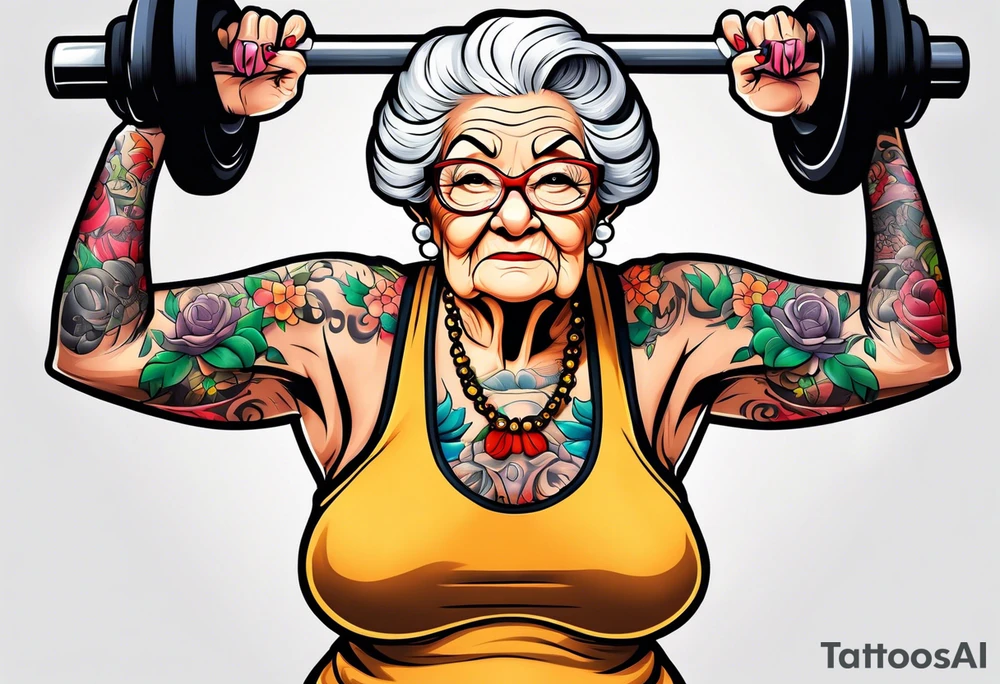 Strong old lady lifting weights. tattoo idea