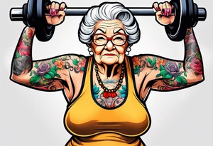 Strong old lady lifting weights. tattoo idea
