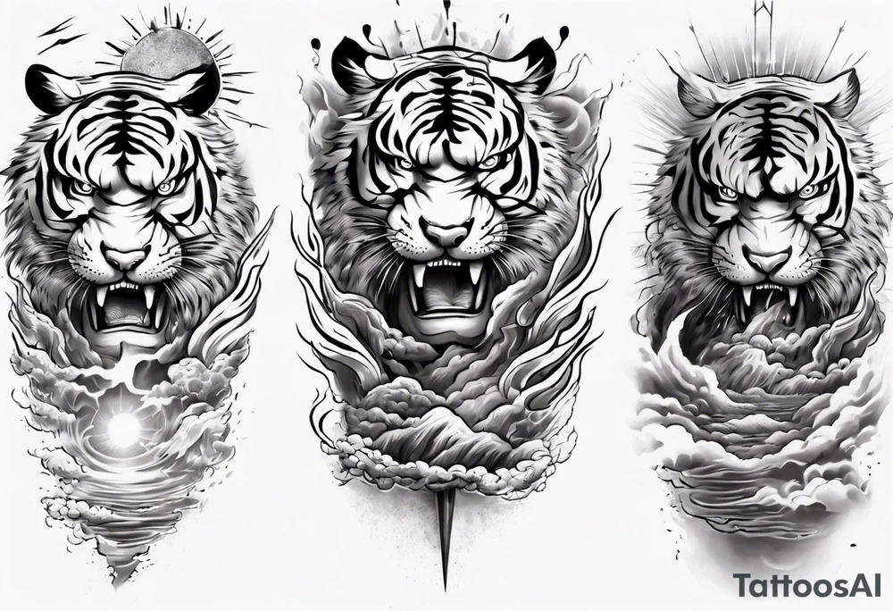 Tiger Warrior sleeve tattoo with lightning and the sun
Forearm sleeve tattoo idea