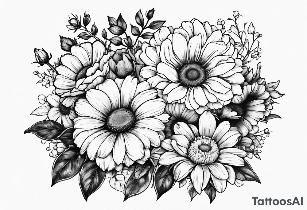 Roses, marigolds, cosmos, daisies, sweet peas and sunflowers tattoo idea