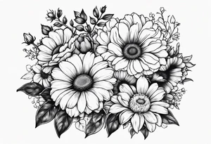 Roses, marigolds, cosmos, daisies, sweet peas and sunflowers tattoo idea