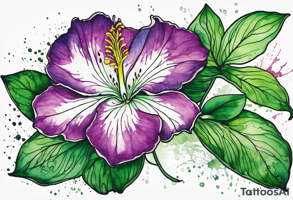 An outline of an only green rio dipladenia flower and a green and purple watercolor splash in the background tattoo idea