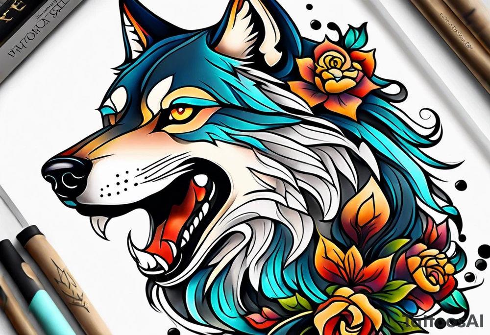 Neotraditional wolf tattoo idea