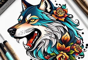 Neotraditional wolf tattoo idea