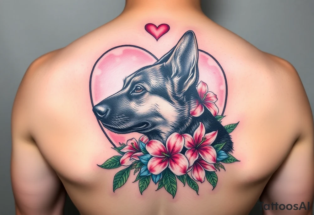 side profile german shepherd dog with pink floral lilies in a watercolour style with blue and green in front of a sacred heart tattoo idea