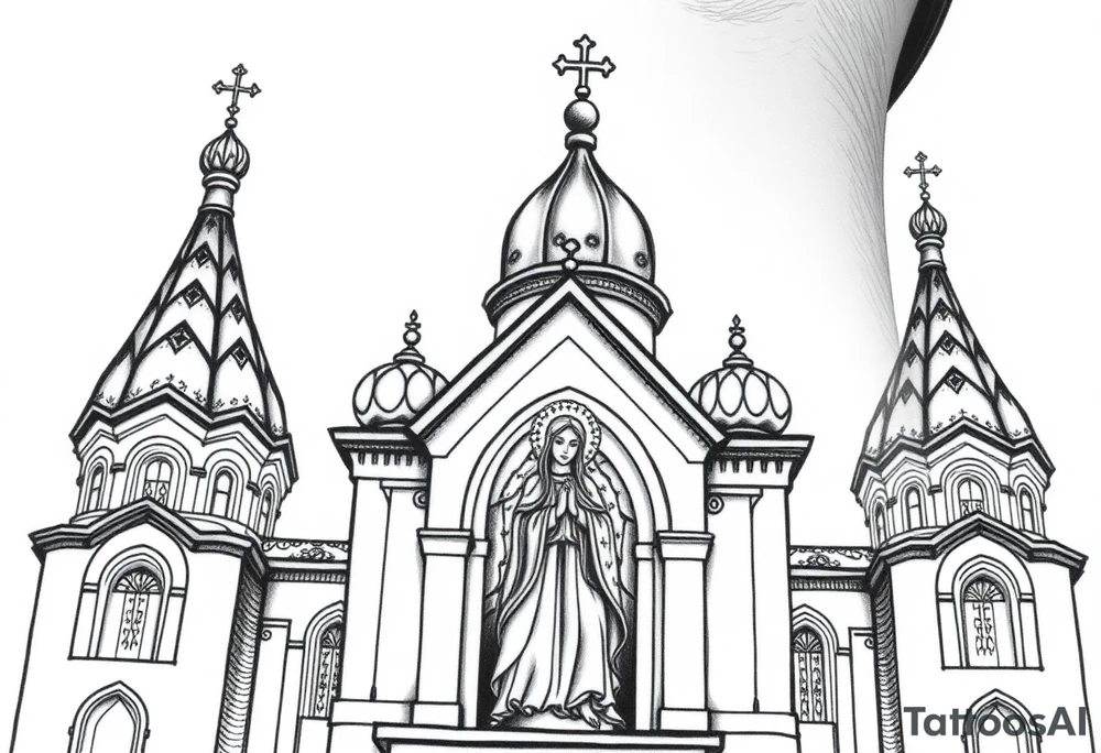 Flowing Scene

A onion domes orthodox church
Virgin Mary in prayer pose on the front doors of the russian orthodox church 
A small double headed russian coat of arms eagle or just the star tucked above the dome near the hairline tattoo idea
