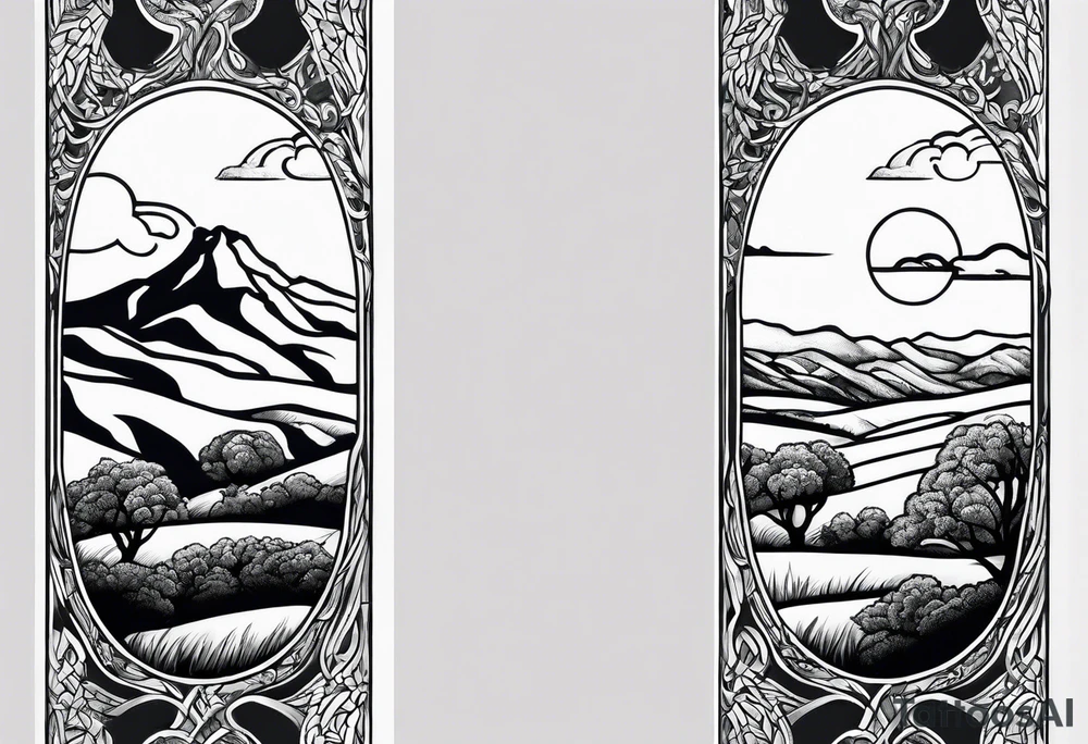 Men’s full arm sleeve. Rolling fields and the Tennessee mountains. With 4 Great Dane heads intertwined in the sleeve. tattoo idea