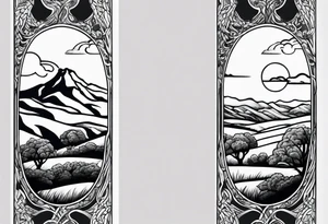 Men’s full arm sleeve. Rolling fields and the Tennessee mountains. With 4 Great Dane heads intertwined in the sleeve. tattoo idea