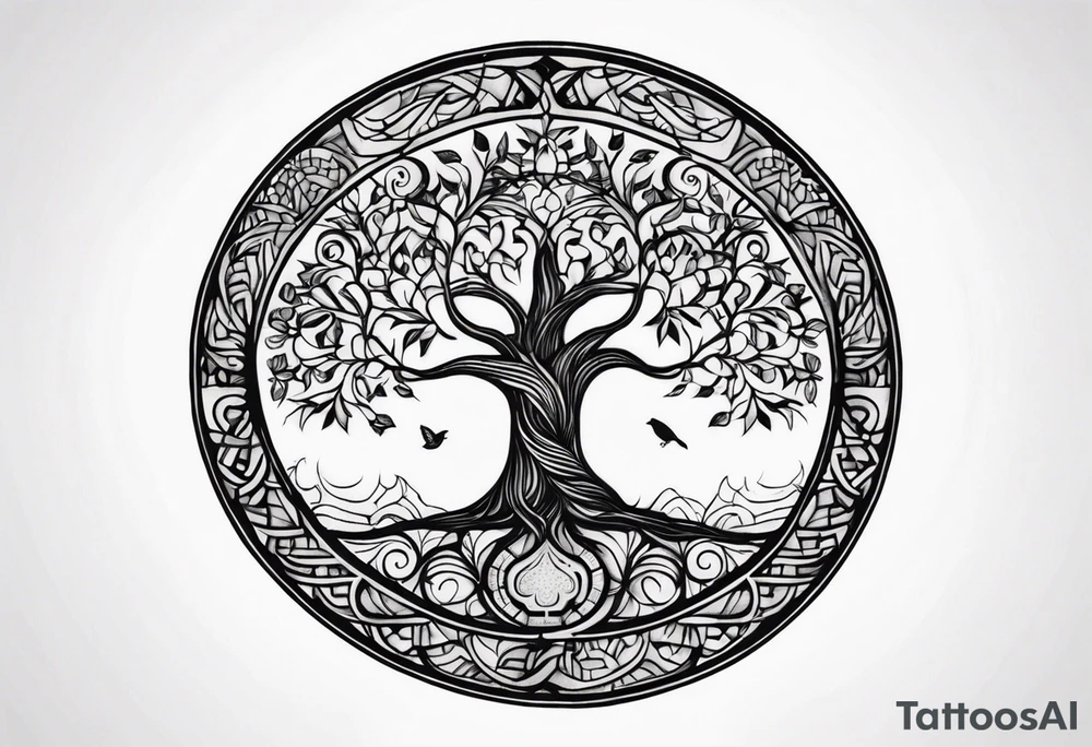 Circular tree of life with the letter D shown 3 times tattoo idea