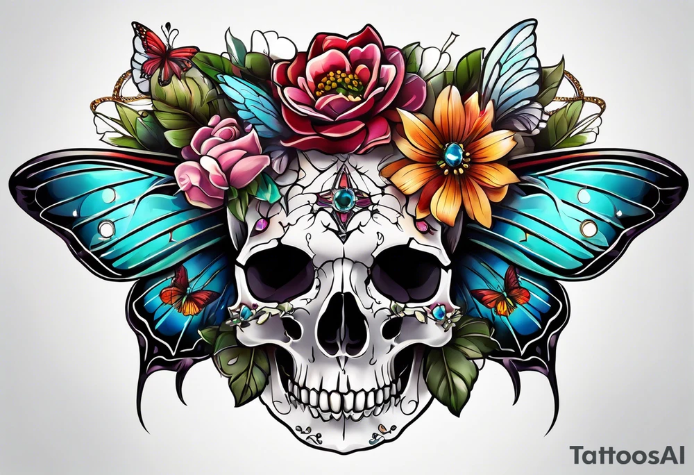 Flower chest piece, small animal skull, crystals, moth tattoo idea